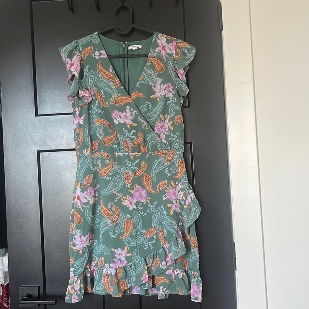 Bar III paisley printed cross over ruffle mini dress